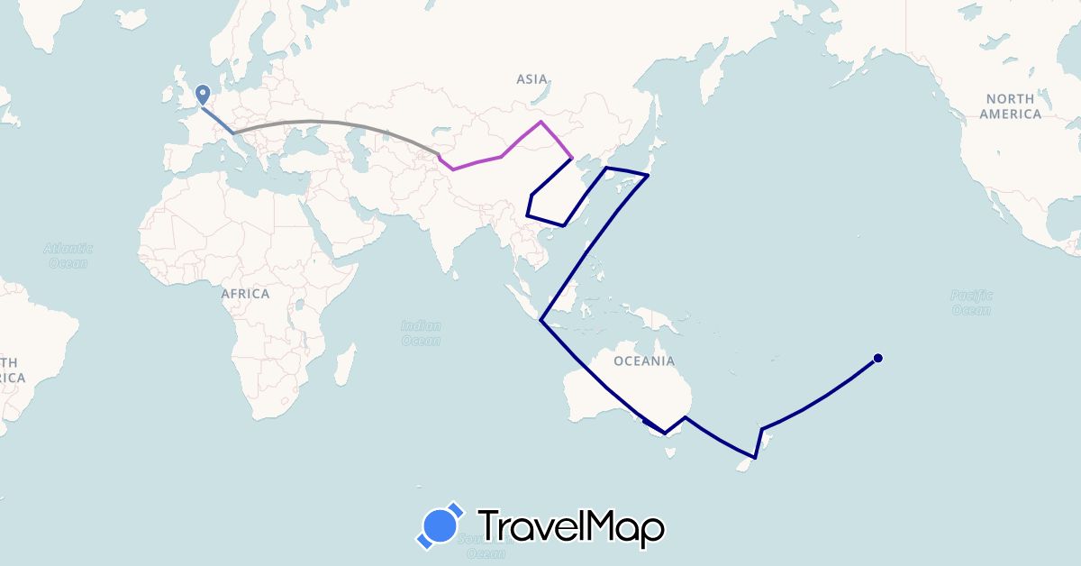 TravelMap itinerary: driving, plane, cycling, train in Australia, China, France, Hong Kong, Indonesia, Italy, Japan, Kyrgyzstan, South Korea, Mongolia, Macau, New Zealand, French Polynesia, Philippines (Asia, Europe, Oceania)